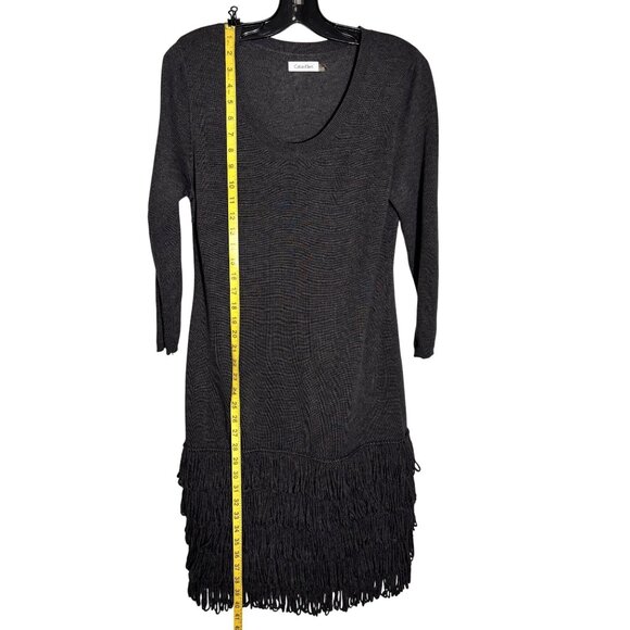 Calvin Klein Charcoal Gray Long Sleeve Dress With Fringe Hem Detail - Picture 6 of 8